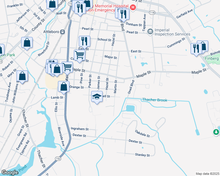 map of restaurants, bars, coffee shops, grocery stores, and more near 72 Orange Street in Attleboro