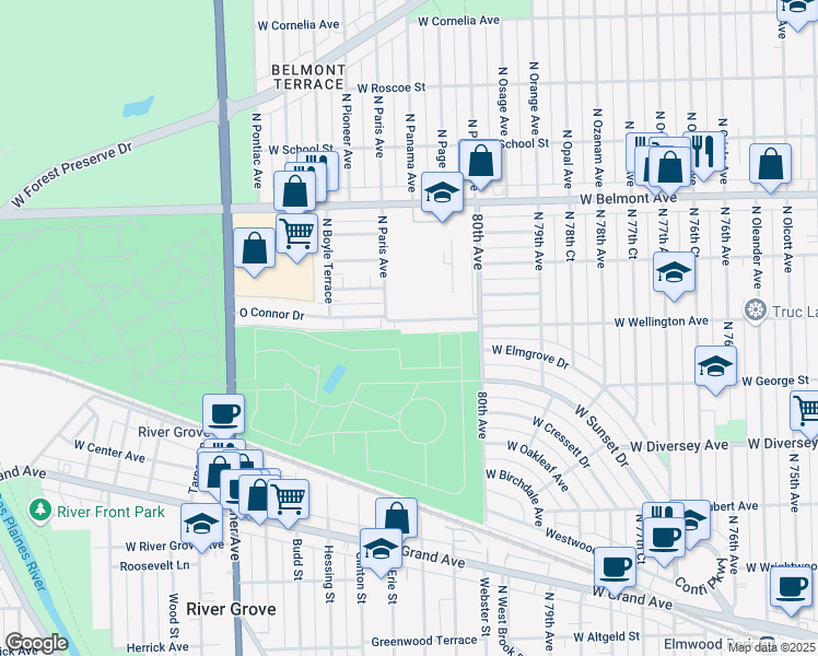 map of restaurants, bars, coffee shops, grocery stores, and more near 8133 Oconnor Drive in River Grove