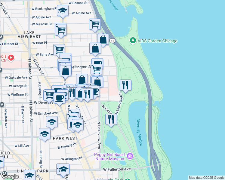 map of restaurants, bars, coffee shops, grocery stores, and more near 2900 North Lake Shore Drive in Chicago