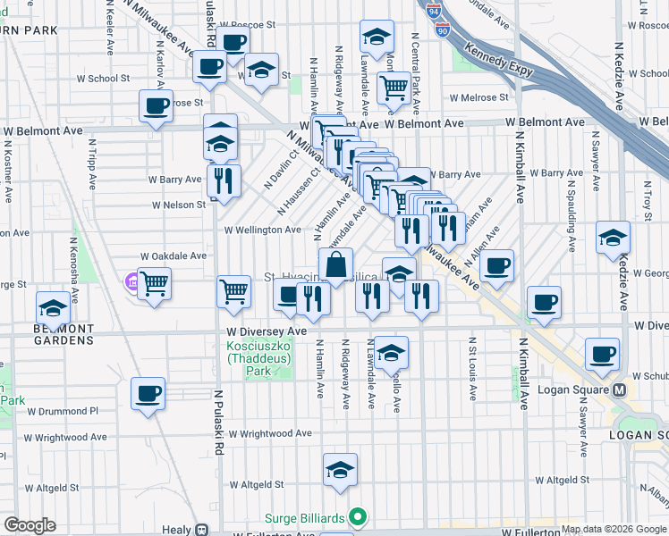 map of restaurants, bars, coffee shops, grocery stores, and more near 2902 North Ridgeway Avenue in Chicago