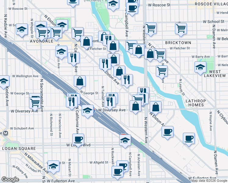 map of restaurants, bars, coffee shops, grocery stores, and more near 2900 North Rockwell Street in Chicago