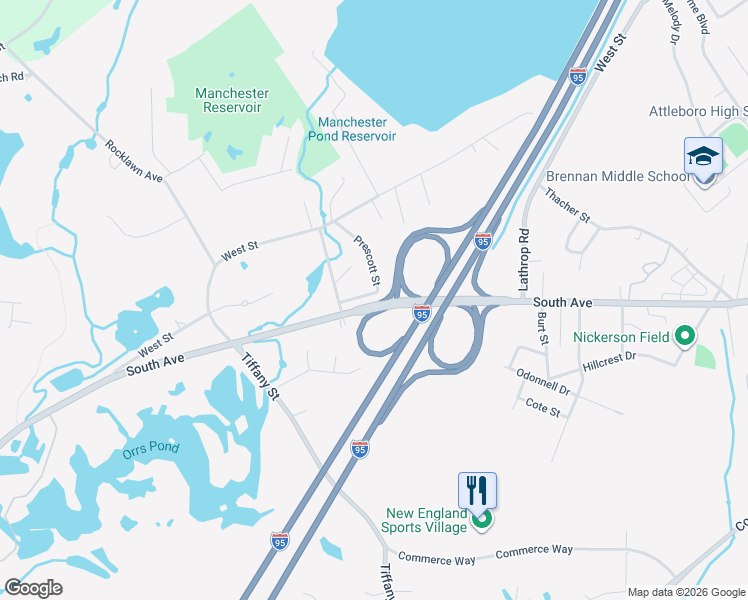 map of restaurants, bars, coffee shops, grocery stores, and more near 19 Prescott Street in Attleboro