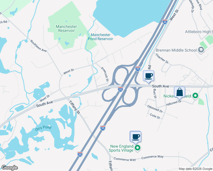 map of restaurants, bars, coffee shops, grocery stores, and more near 19 Prescott Street in Attleboro