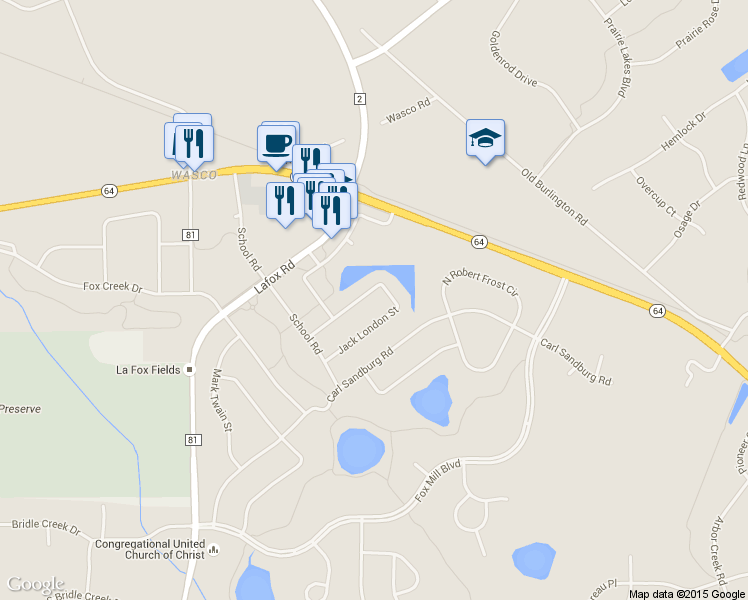 map of restaurants, bars, coffee shops, grocery stores, and more near 40W105 James Michener Drive in St. Charles