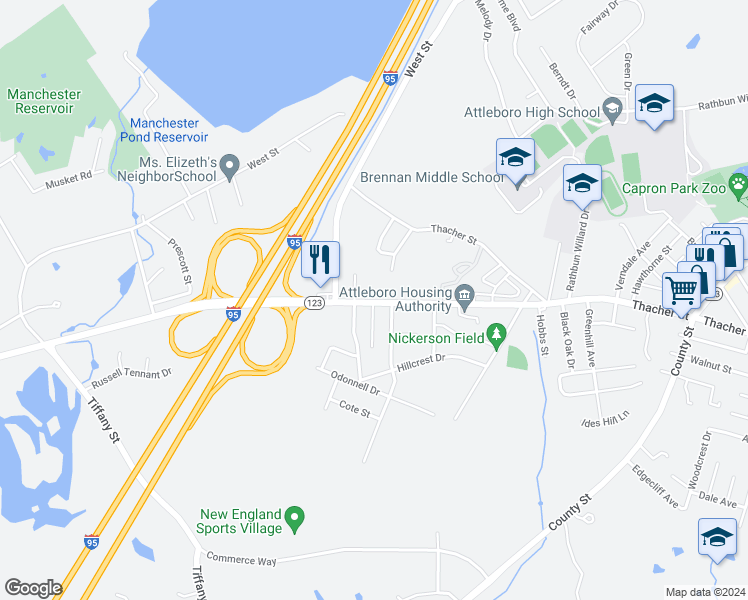 map of restaurants, bars, coffee shops, grocery stores, and more near 146 Massachusetts 123 in Attleboro