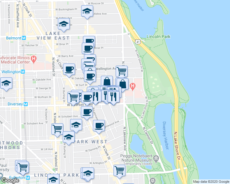 map of restaurants, bars, coffee shops, grocery stores, and more near 429 West Surf Street in Chicago