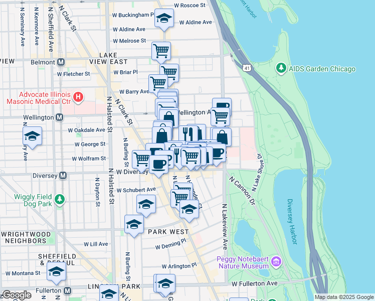 map of restaurants, bars, coffee shops, grocery stores, and more near 501 West Surf Street in Chicago