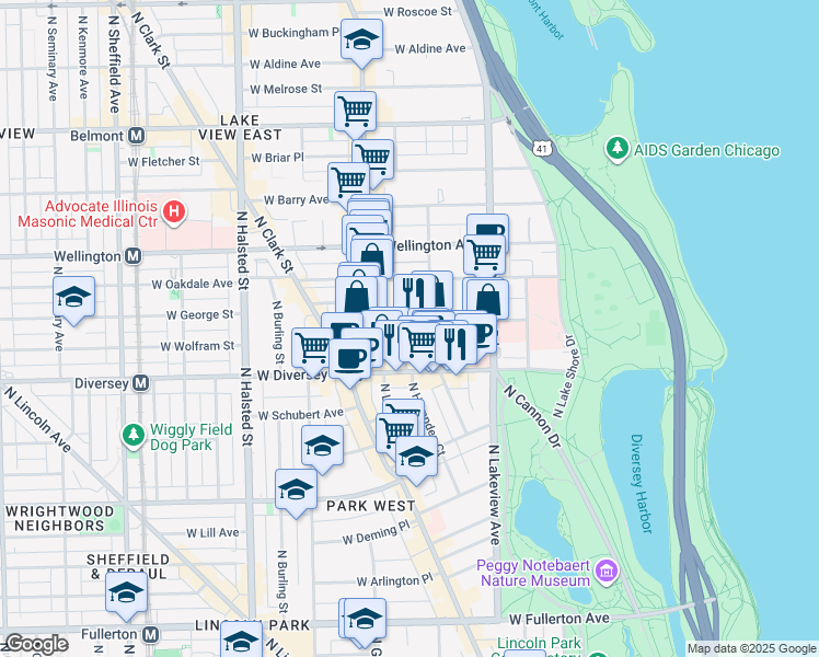map of restaurants, bars, coffee shops, grocery stores, and more near 501 West Surf Street in Chicago