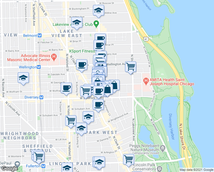 map of restaurants, bars, coffee shops, grocery stores, and more near 555 West Surf Street in Chicago