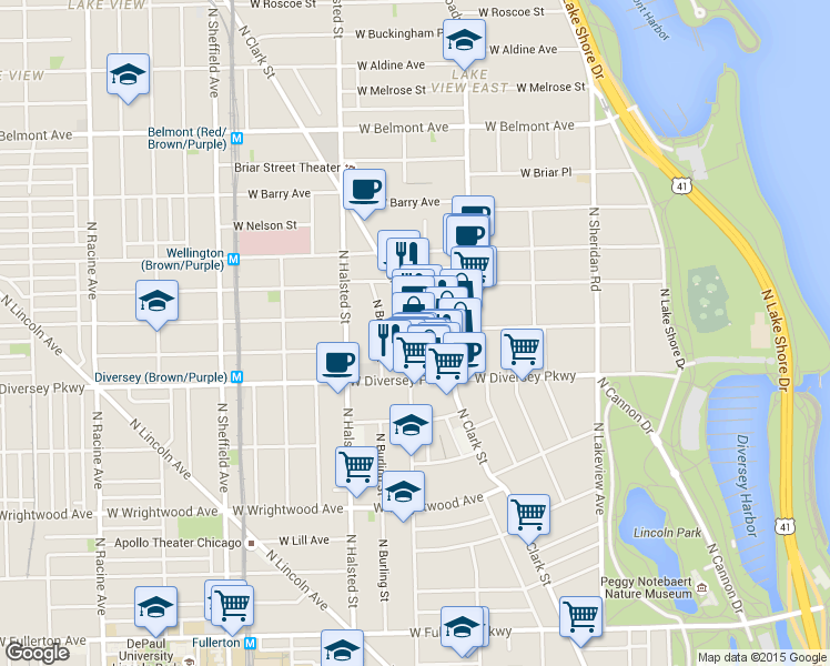 map of restaurants, bars, coffee shops, grocery stores, and more near 2848 North Orchard Street in Chicago