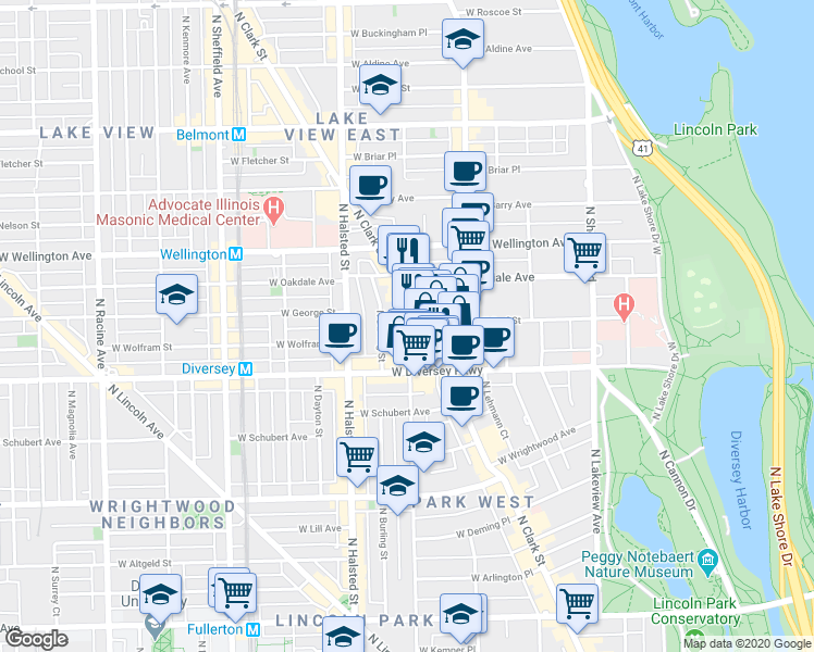 map of restaurants, bars, coffee shops, grocery stores, and more near 2848 North Orchard Street in Chicago