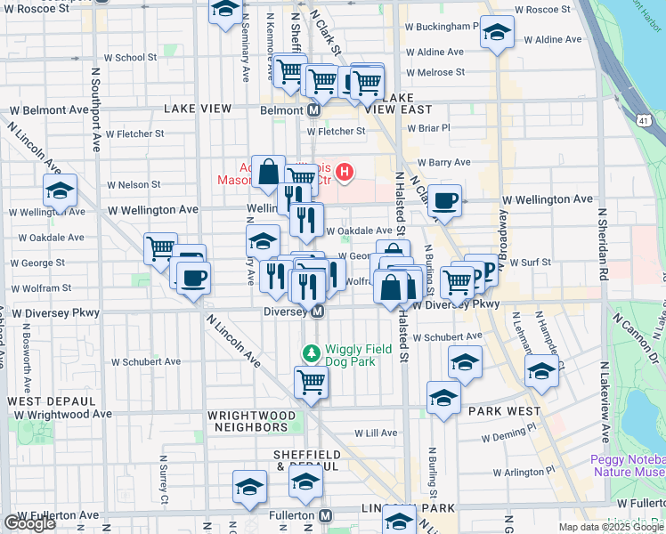 map of restaurants, bars, coffee shops, grocery stores, and more near 924 West Wolfram Street in Chicago