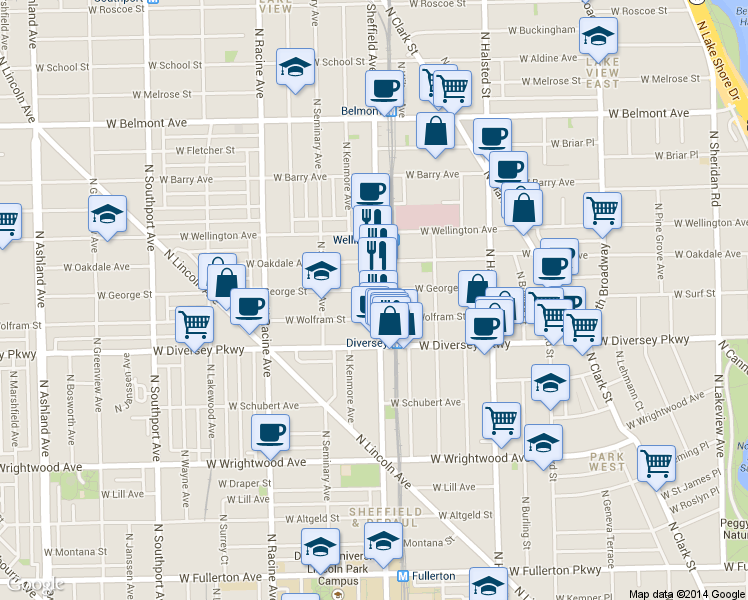 map of restaurants, bars, coffee shops, grocery stores, and more near 2844 North Sheffield Avenue in Chicago