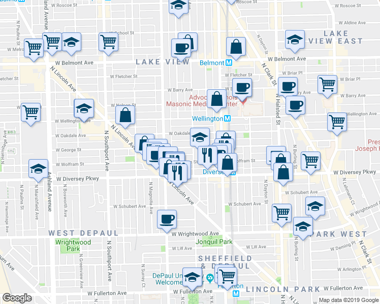 map of restaurants, bars, coffee shops, grocery stores, and more near in Chicago