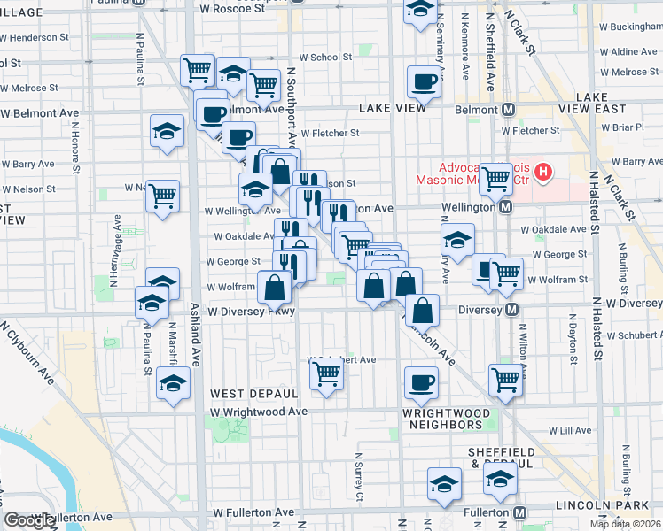map of restaurants, bars, coffee shops, grocery stores, and more near 1303 West George Street in Chicago