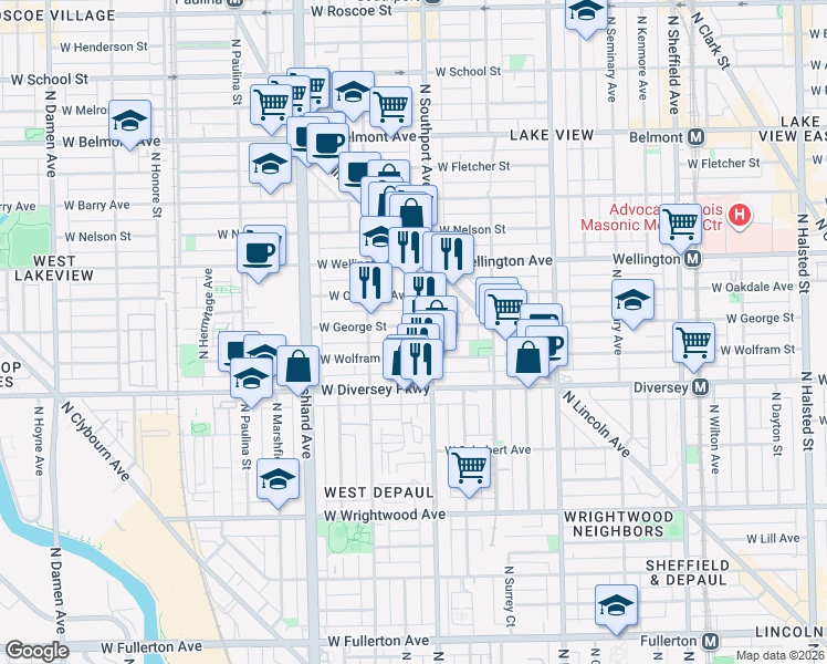 map of restaurants, bars, coffee shops, grocery stores, and more near 1415 West George Street in Chicago