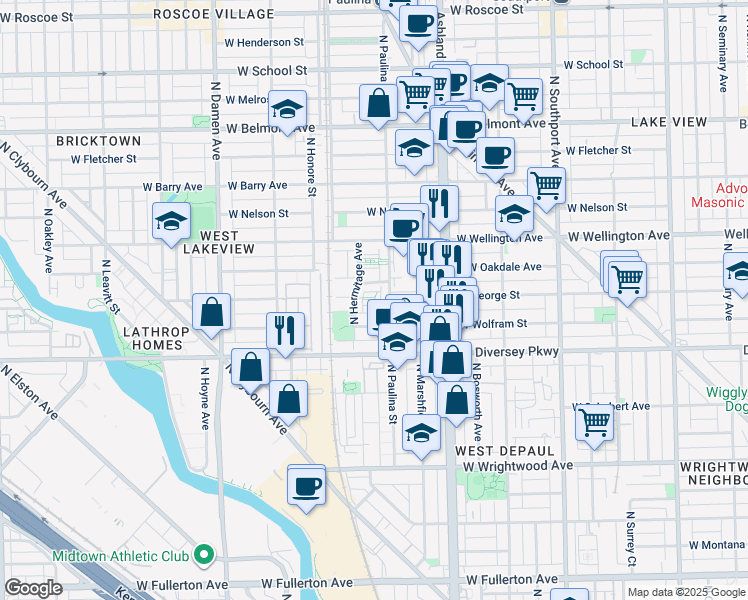 map of restaurants, bars, coffee shops, grocery stores, and more near 2857 North Hermitage Avenue in Chicago