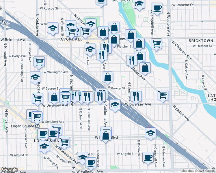 map of restaurants, bars, coffee shops, grocery stores, and more near 2920 North California Avenue in Chicago
