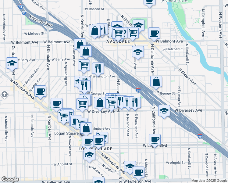map of restaurants, bars, coffee shops, grocery stores, and more near 3022 West George Street in Chicago