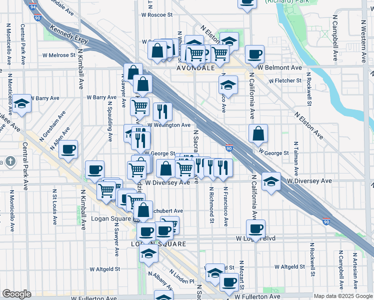 map of restaurants, bars, coffee shops, grocery stores, and more near 3022 West George Street in Chicago
