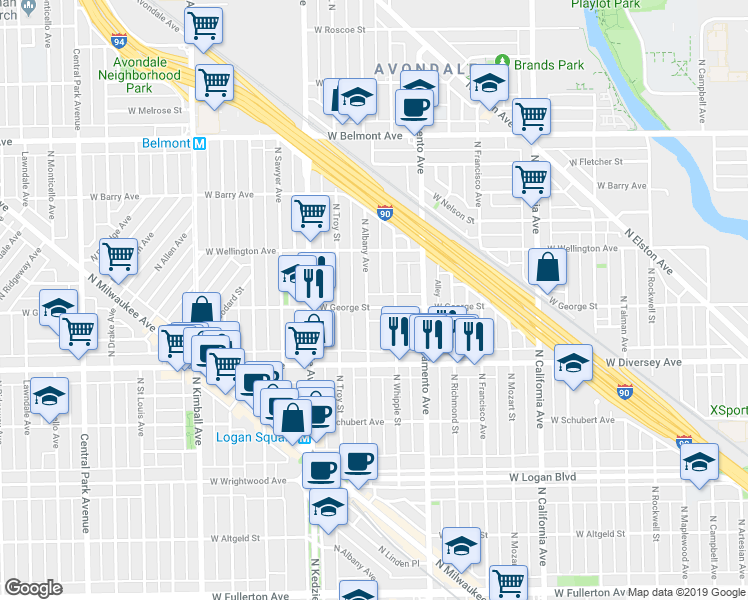 map of restaurants, bars, coffee shops, grocery stores, and more near 2909 North Albany Avenue in Chicago