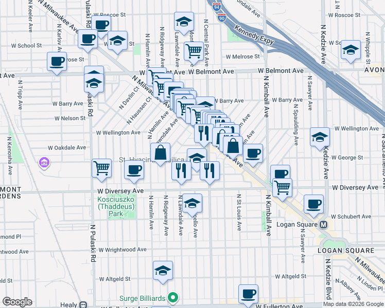 map of restaurants, bars, coffee shops, grocery stores, and more near 3630 West George Street in Chicago