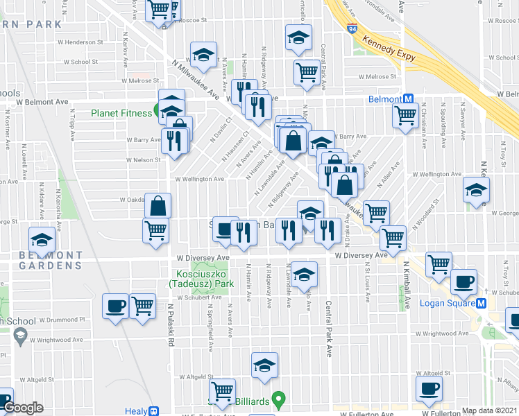 map of restaurants, bars, coffee shops, grocery stores, and more near 2902 North Ridgeway Avenue in Chicago