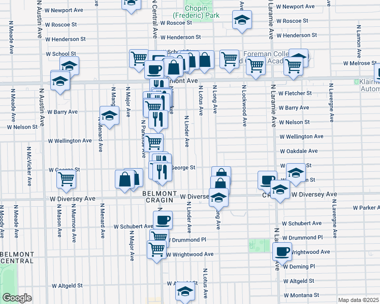 map of restaurants, bars, coffee shops, grocery stores, and more near 2925 North Linder Avenue in Chicago