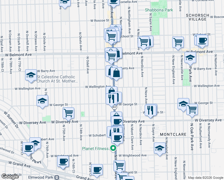 map of restaurants, bars, coffee shops, grocery stores, and more near 2936 North Harlem Avenue in Elmwood Park