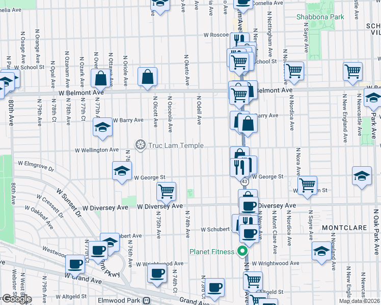 map of restaurants, bars, coffee shops, grocery stores, and more near 2934 North 74th Avenue in Elmwood Park