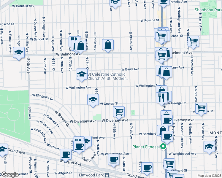 map of restaurants, bars, coffee shops, grocery stores, and more near 2940 North 75th Avenue in Elmwood Park
