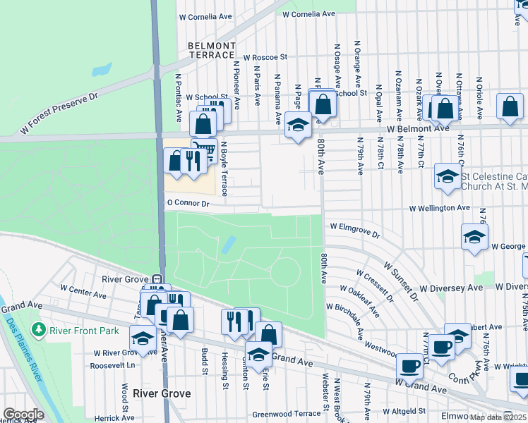 map of restaurants, bars, coffee shops, grocery stores, and more near 8133 Oconnor Drive in River Grove