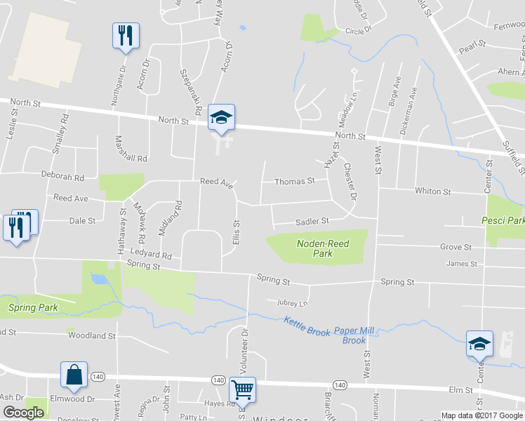 map of restaurants, bars, coffee shops, grocery stores, and more near 290 Reed Avenue in Windsor Locks