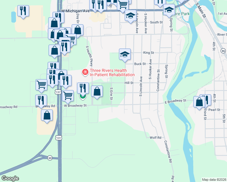 map of restaurants, bars, coffee shops, grocery stores, and more near 815 Swartz Street in Three Rivers