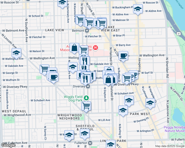 map of restaurants, bars, coffee shops, grocery stores, and more near 924 West Wolfram Street in Chicago