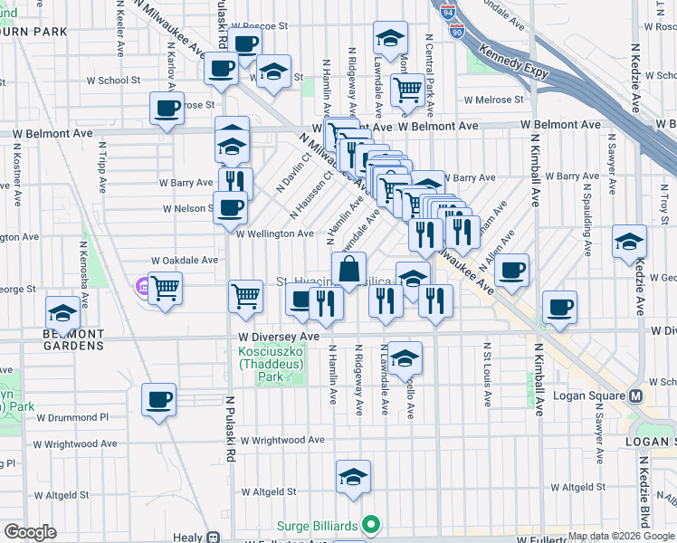map of restaurants, bars, coffee shops, grocery stores, and more near 2915 North Hamlin Avenue in Chicago