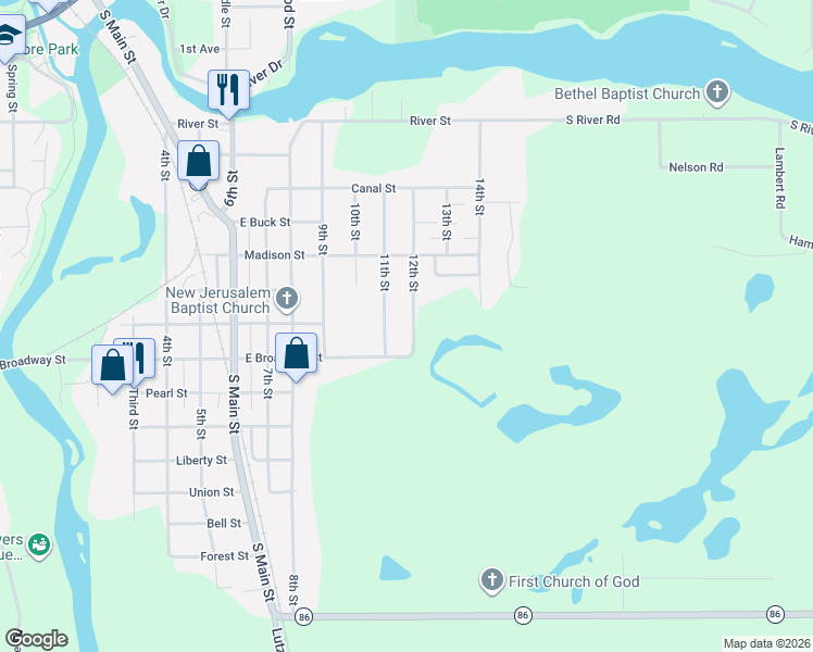 map of restaurants, bars, coffee shops, grocery stores, and more near 835 12th Street in Three Rivers
