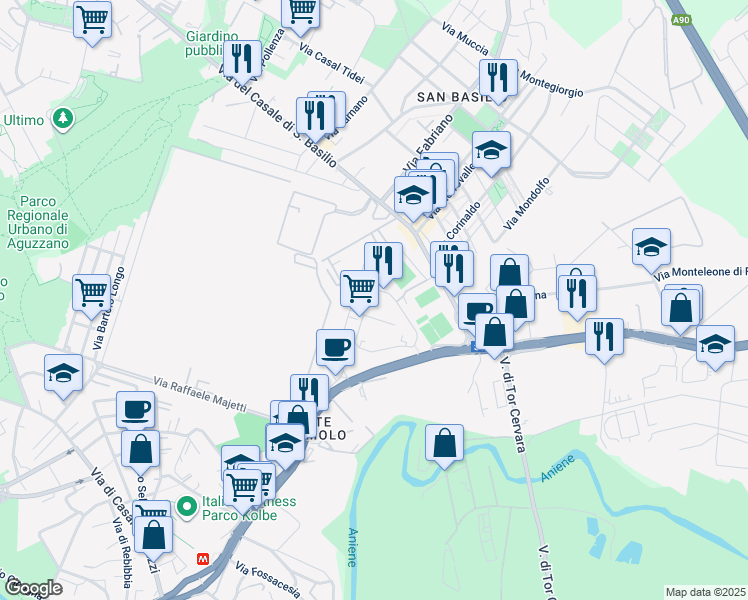 map of restaurants, bars, coffee shops, grocery stores, and more near 115 Via Giuseppe Rosaccio in Roma