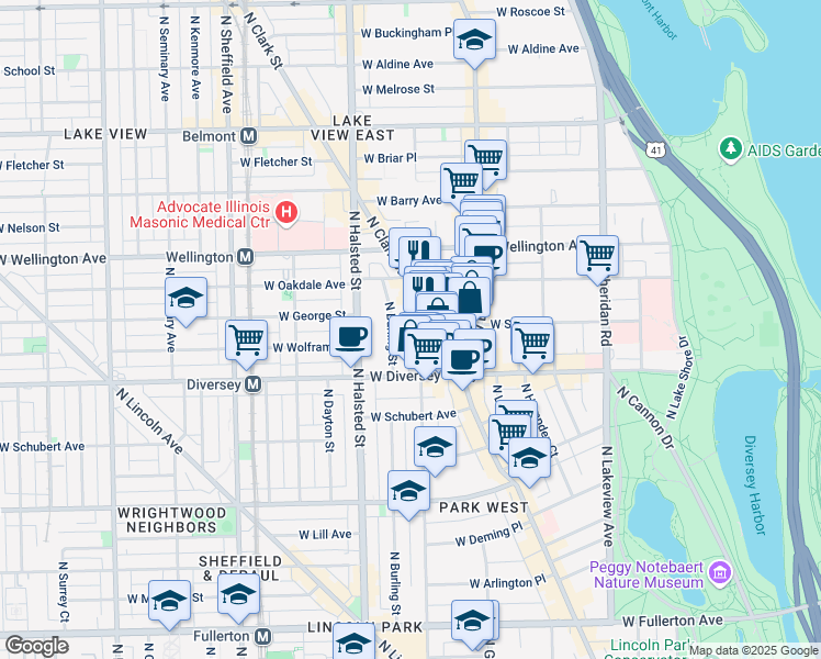 map of restaurants, bars, coffee shops, grocery stores, and more near 2848 North Orchard Street in Chicago