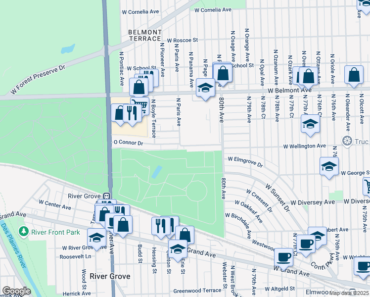 map of restaurants, bars, coffee shops, grocery stores, and more near 8133 Oconnor Drive in River Grove