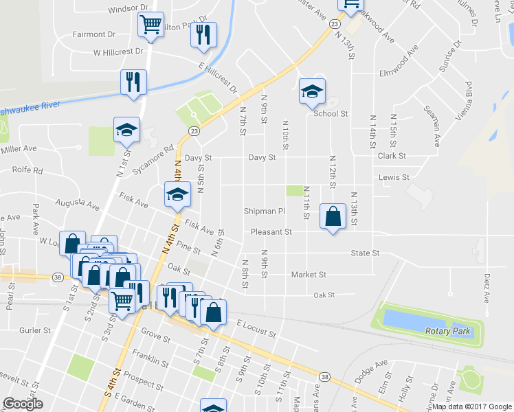 map of restaurants, bars, coffee shops, grocery stores, and more near 817 Shipman Place in DeKalb