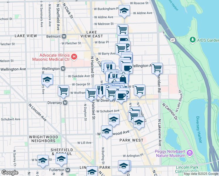 map of restaurants, bars, coffee shops, grocery stores, and more near 2847 North Orchard Street in Chicago
