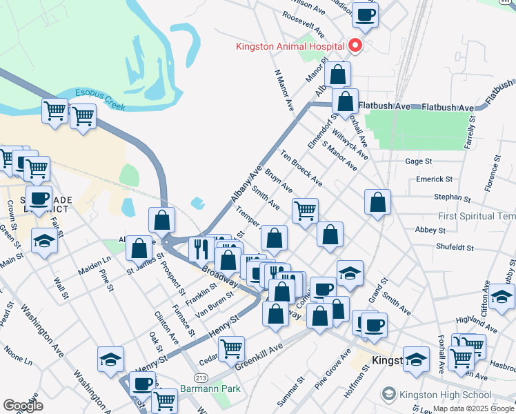 map of restaurants, bars, coffee shops, grocery stores, and more near 99 Elmendorf Street in Kingston