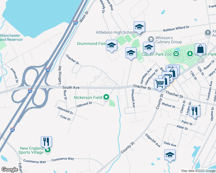 map of restaurants, bars, coffee shops, grocery stores, and more near 33 South Avenue in Attleboro