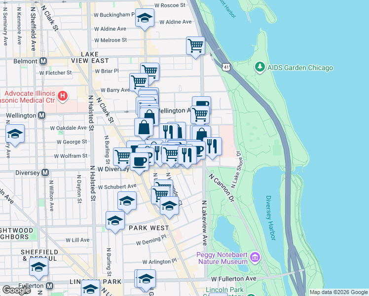 map of restaurants, bars, coffee shops, grocery stores, and more near 441 West Surf Street in Chicago