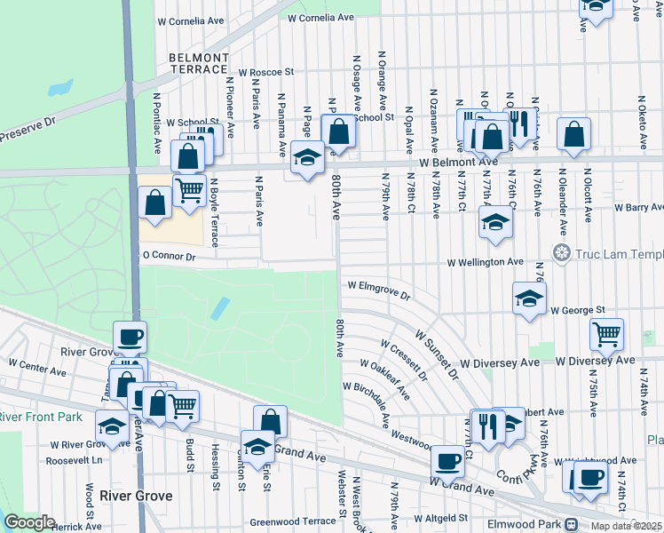map of restaurants, bars, coffee shops, grocery stores, and more near 8005 Oconnor Drive in River Grove