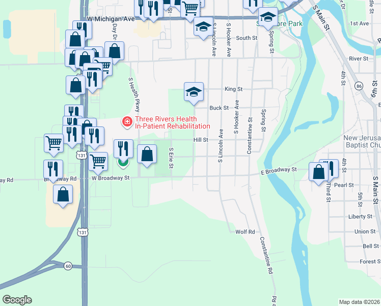 map of restaurants, bars, coffee shops, grocery stores, and more near 721 South Douglas Avenue in Three Rivers