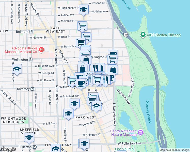 map of restaurants, bars, coffee shops, grocery stores, and more near 501 West Surf Street in Chicago