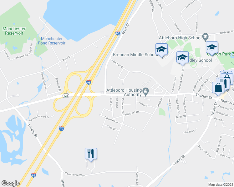 map of restaurants, bars, coffee shops, grocery stores, and more near 101 South Avenue in Attleboro