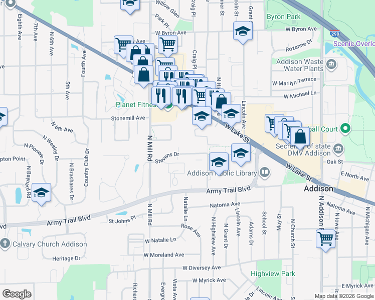 map of restaurants, bars, coffee shops, grocery stores, and more near 440 Stevens Drive in Addison